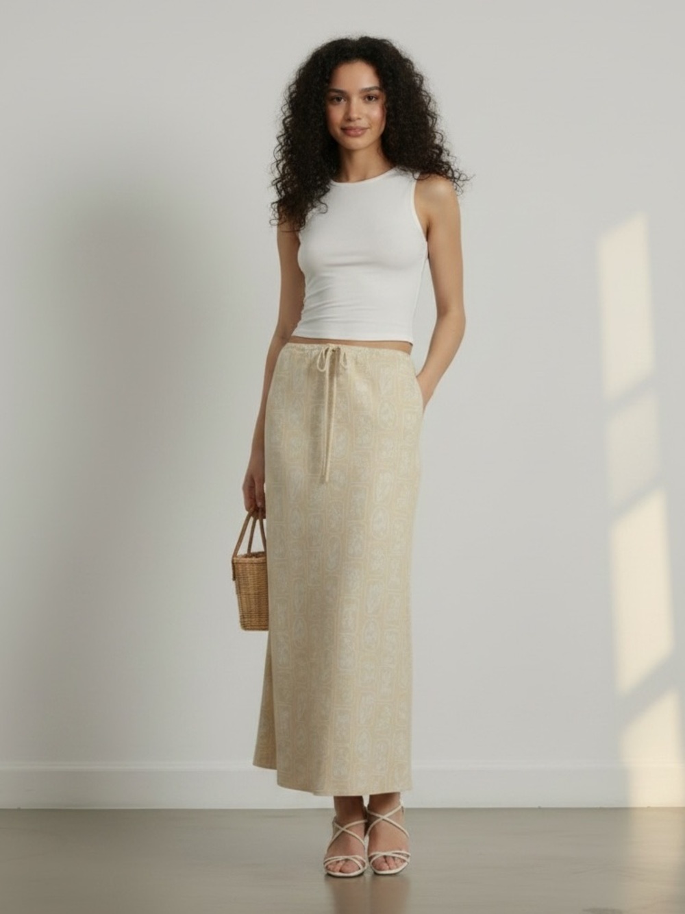 1416 • Cream & Beige Botanical Print Bias Cut Long Skirt